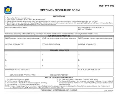 SPECIMEN SIGNATURE FORM (SSF).